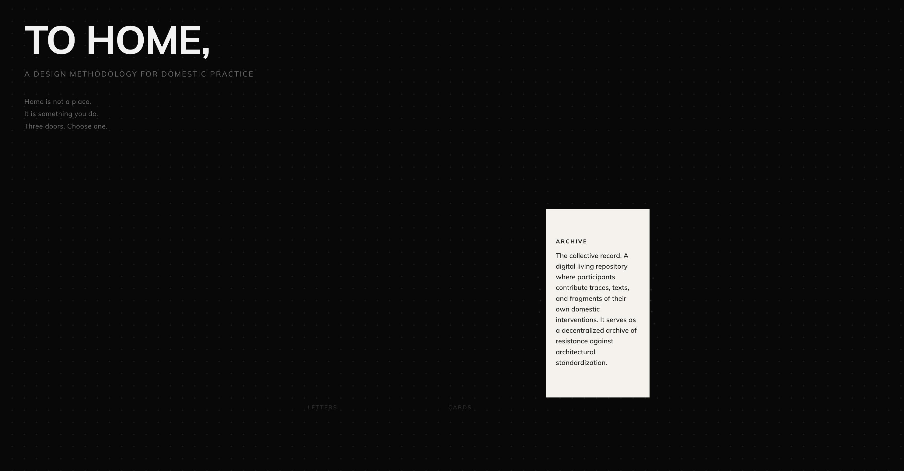 The landing page with three hidden doors that are revealed by hovering over them.